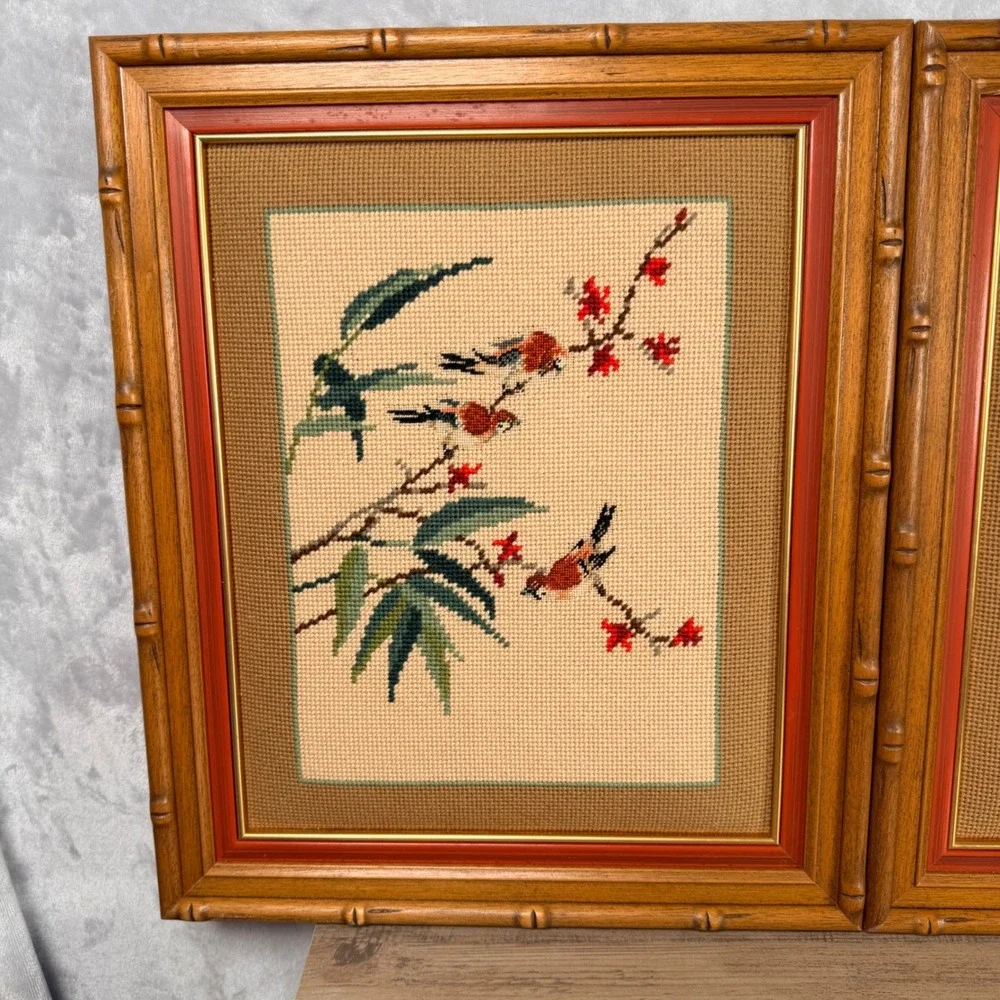Vintage Set of 2 Chinoiserie Bird Needlepoint Framed Art Faux Bamboo Wood Frames